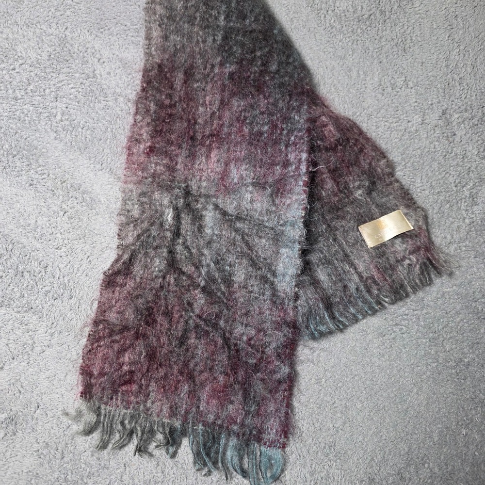 Calzeat of Scotland Scarf Burgundy Grey Blue Mohair Wool Blend Fringed